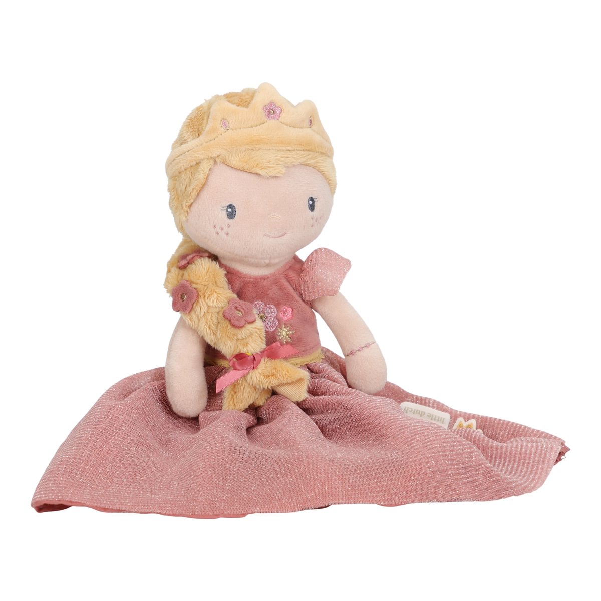 Boneca de pelúcia com vestido cor-de-rosa e coroa amarela sentada