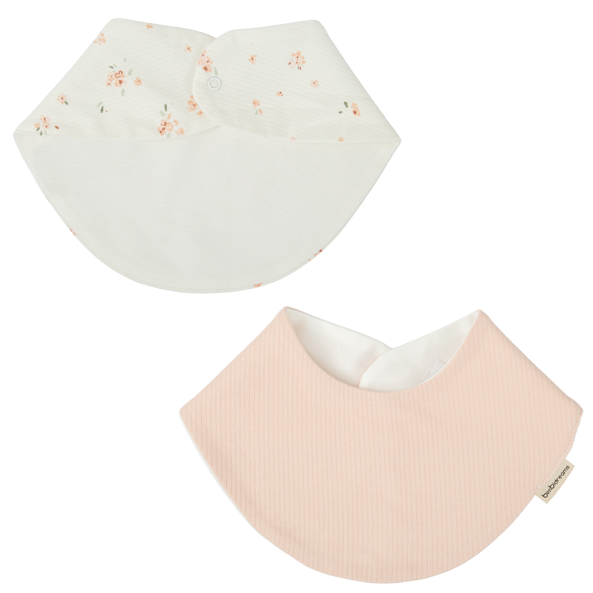 Babete bandana branco com flores e babete bandana cor de pêssego liso com etiqueta bimbidreams.