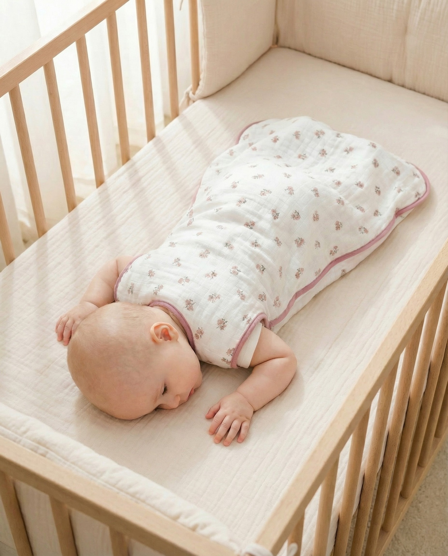 Bebé a dormir em berço de madeira com saco de dormir floral branco e rosa