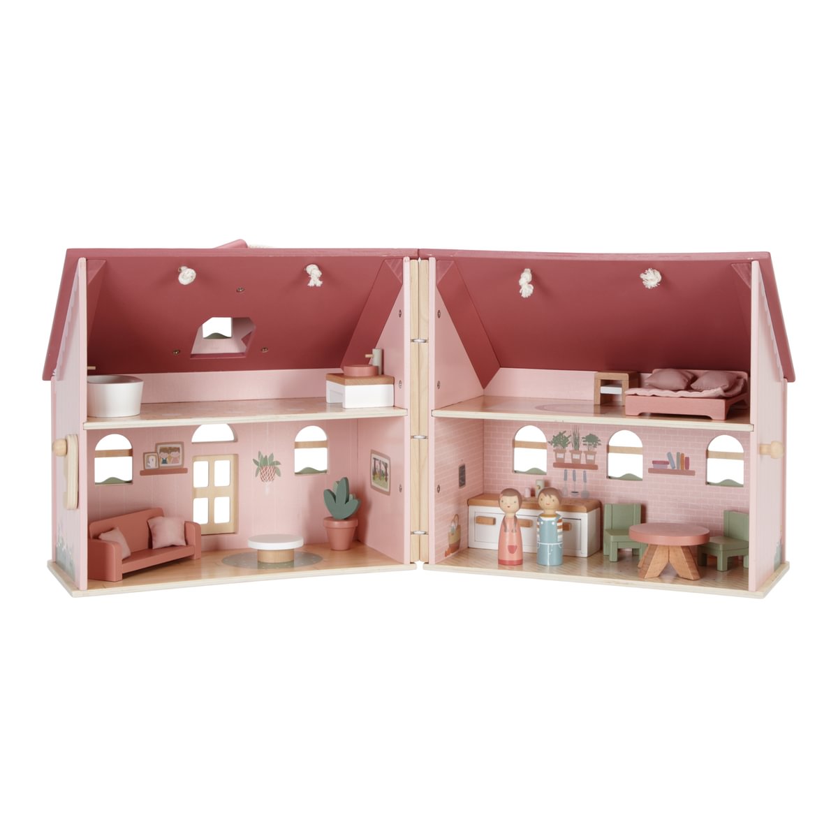 Casa de bonecas de madeira rosa com mobiliário e figuras no interior