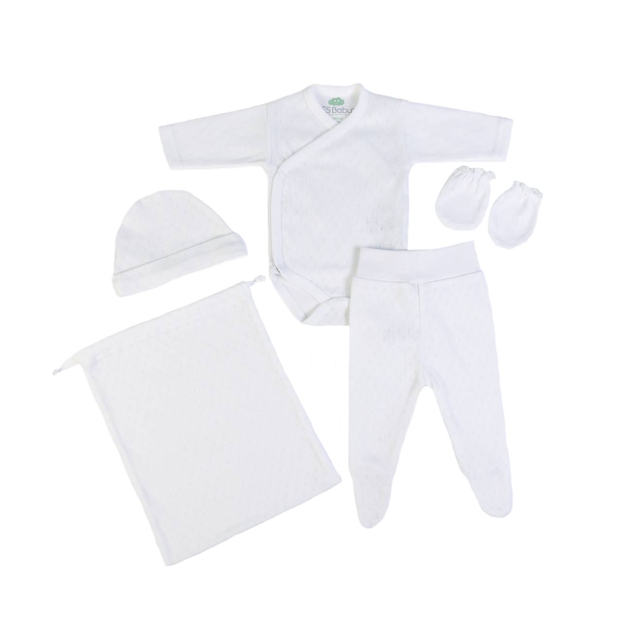 Conjunto de roupa de bebé branco de algodão com body, calças, gorro, luvas e saco