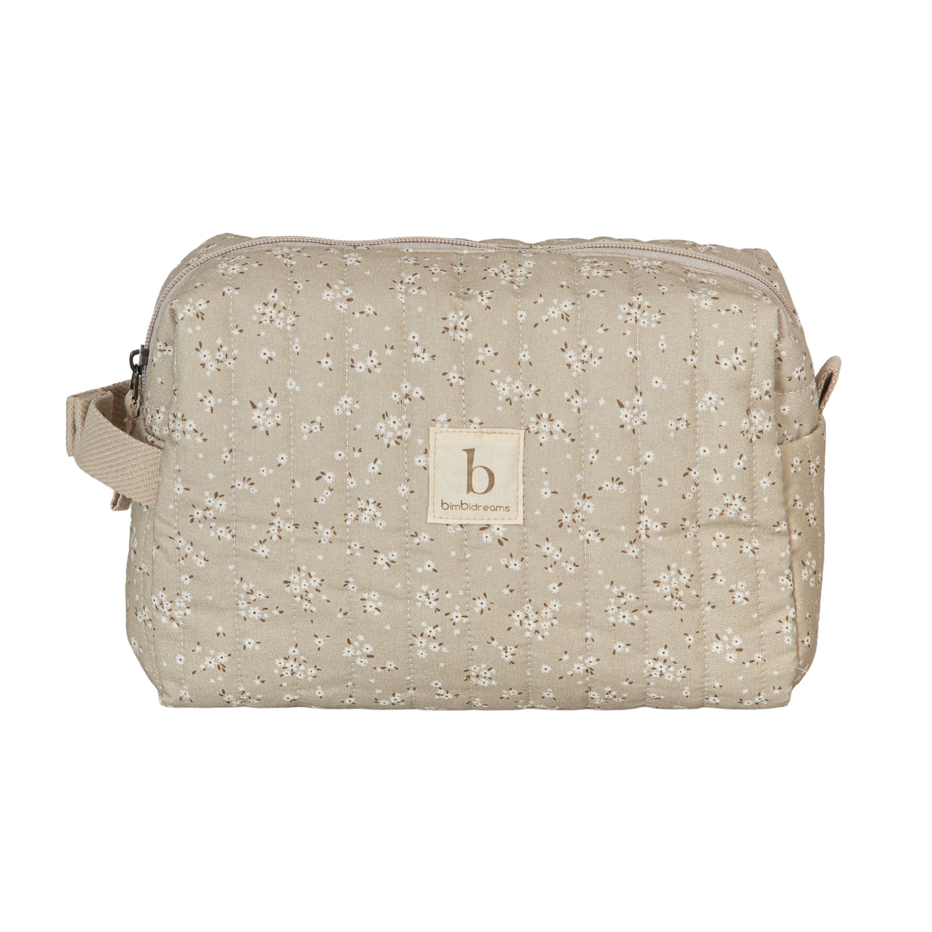 Bolsa pequena bege com padrão floral e etiqueta bimbidreams