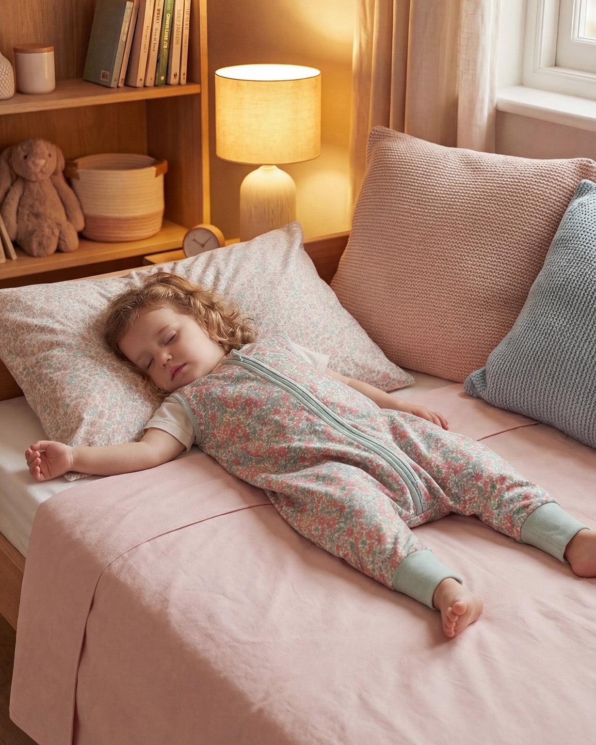 Criança adormecida numa cama com roupa e almofadas, junto a uma estante com livros, peluche e uma lâmpada acesa