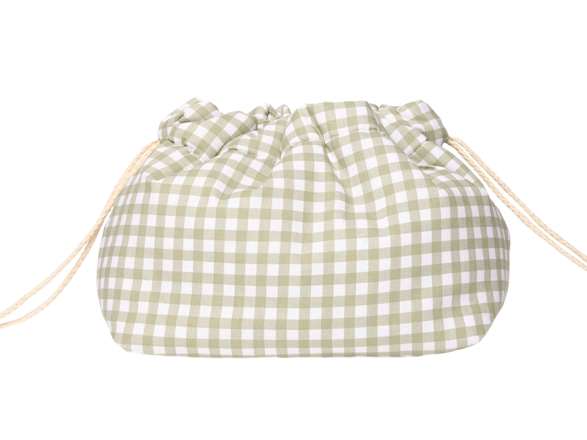 Saco de tecido com padrão xadrez verde e branco e fecho com cordões