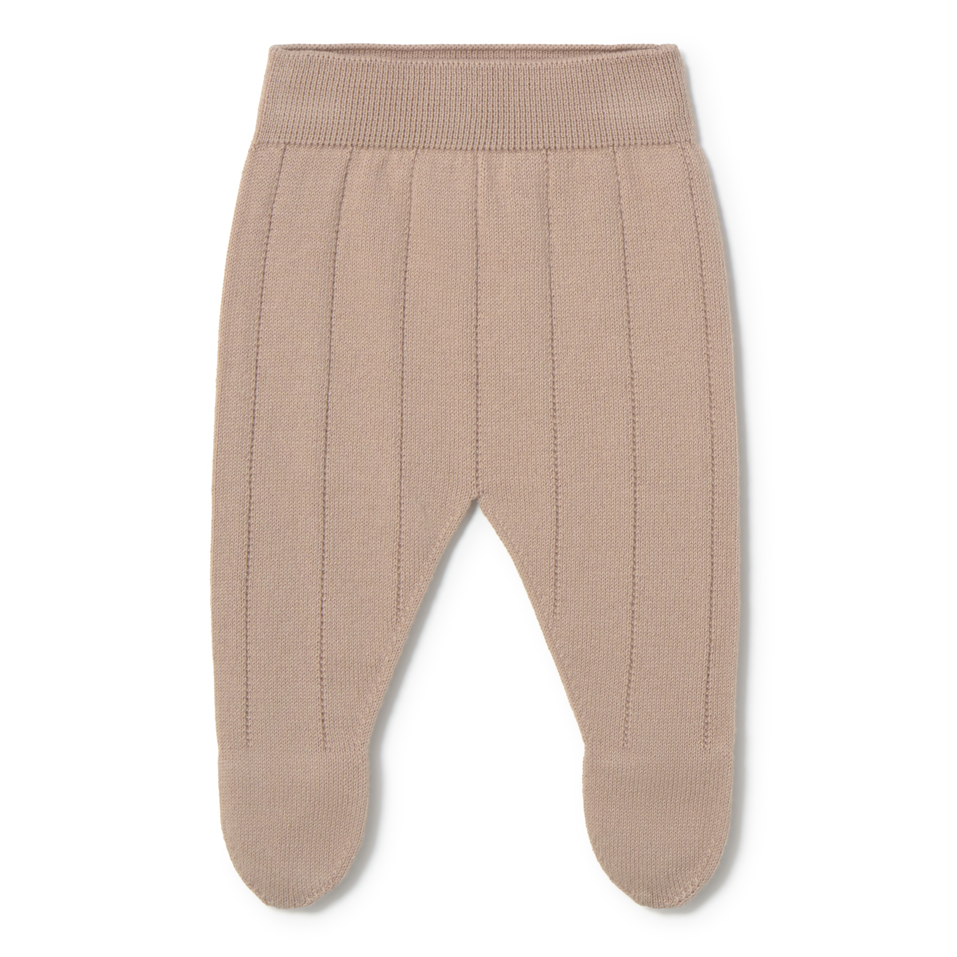 Calças de bebé bege em malha canelada com pés fechados