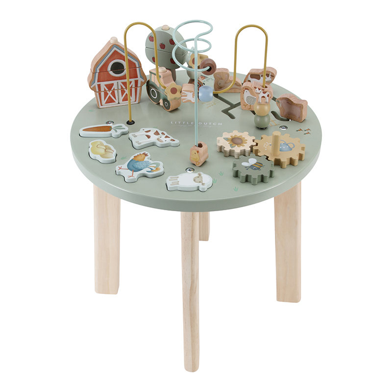 Mesa de atividades infantil em madeira com peças de animais e elementos da quinta.