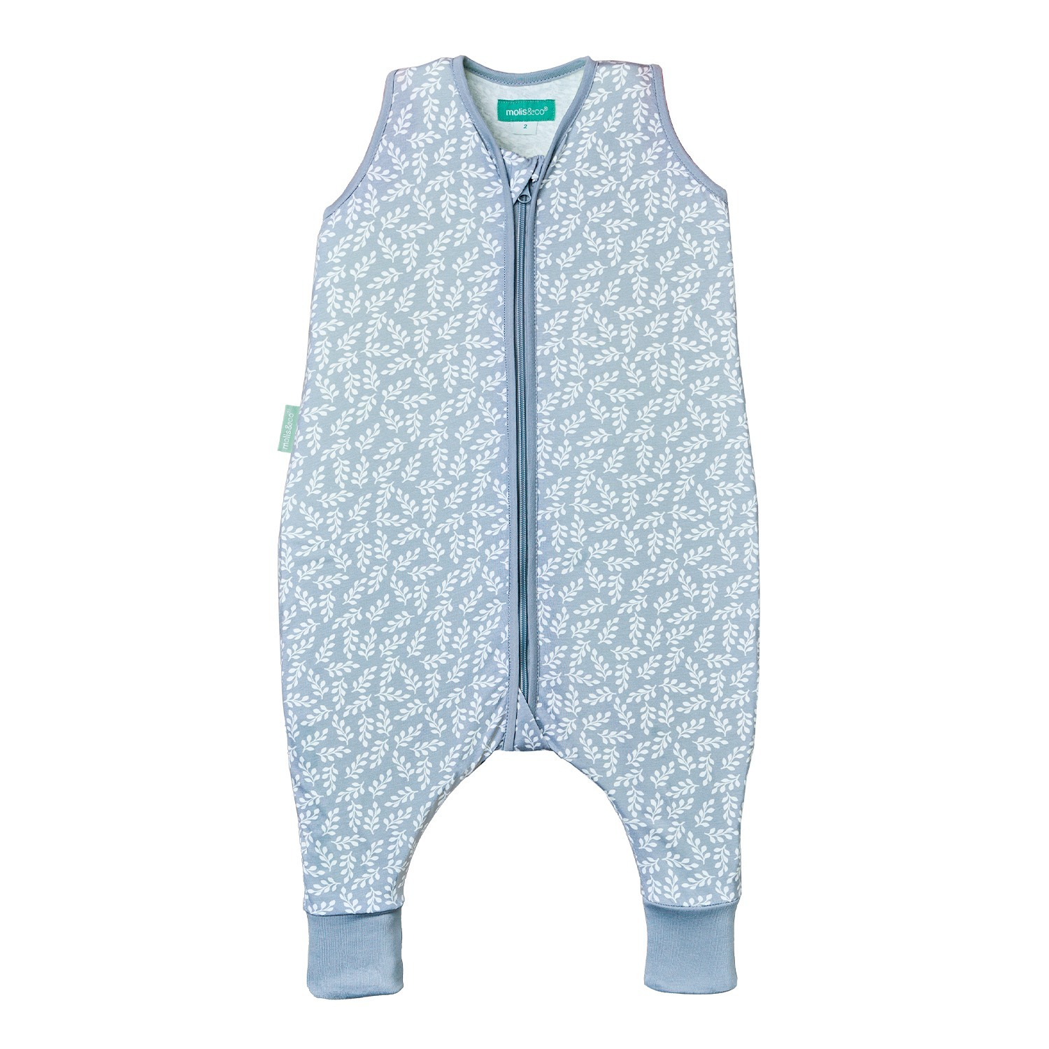 Pijama de bebé azul claro com padrão branco e fecho de correr
