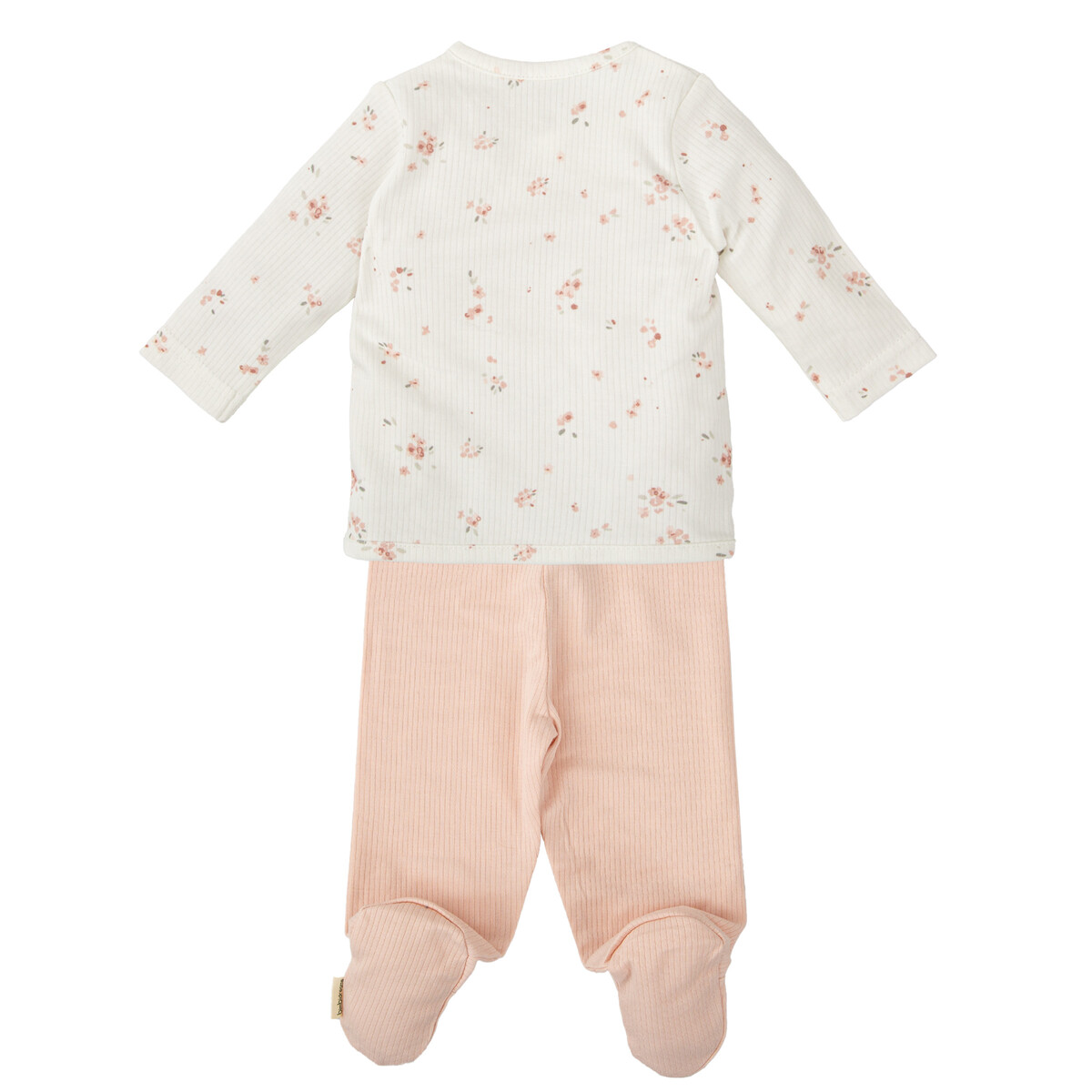 Conjunto de pijama de bebé com camisa branca de flores cor-de-rosa e calças rosa claras caneladas com pés.