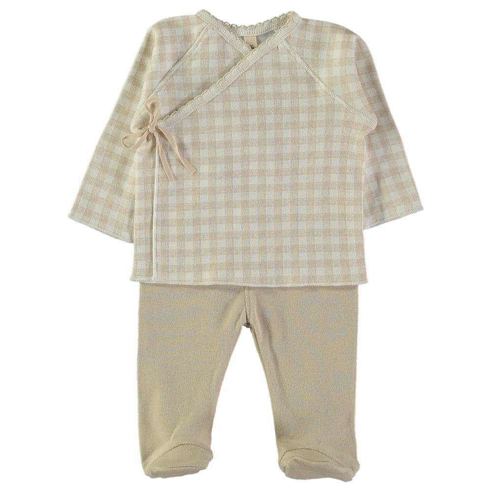 Conjunto de bebé xadrez bege com laço e calças creme