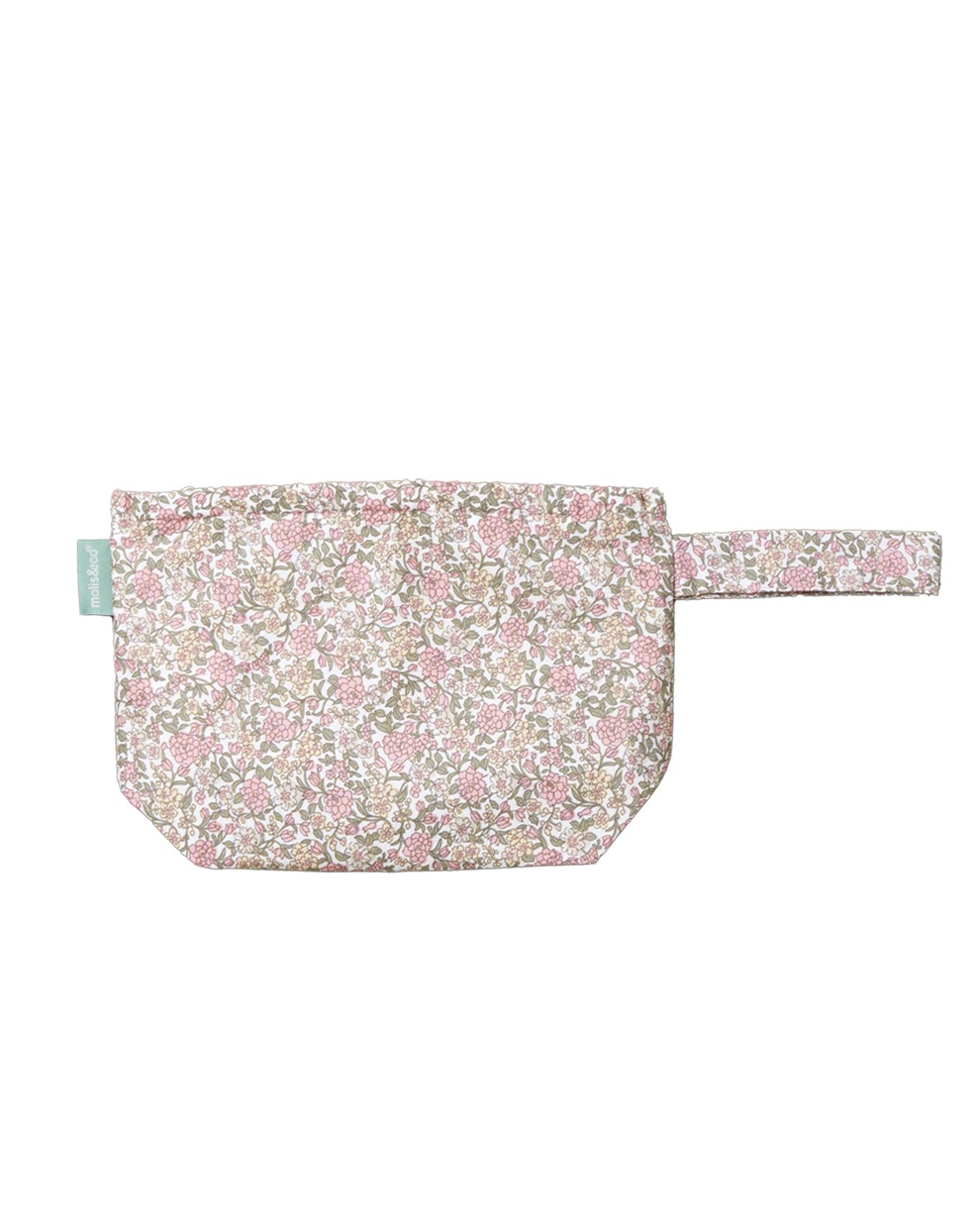 Necessaire floral rosa, branco e verde com alça e etiqueta verde.