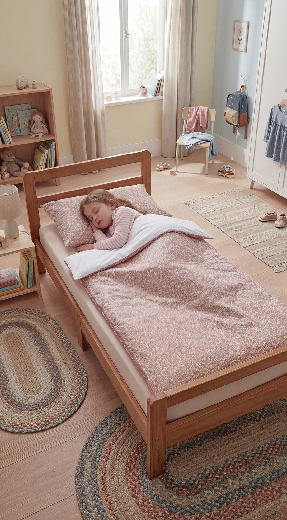 Quarto infantil com cama de madeira, roupa de cama rosa, tapetes naturais e decoração suave.