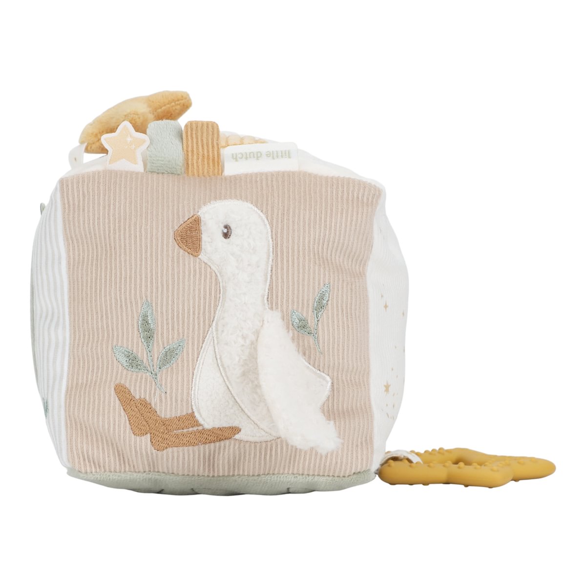 Cubo de tecido para bebés com bordado de pato e uma peça de borracha amarela