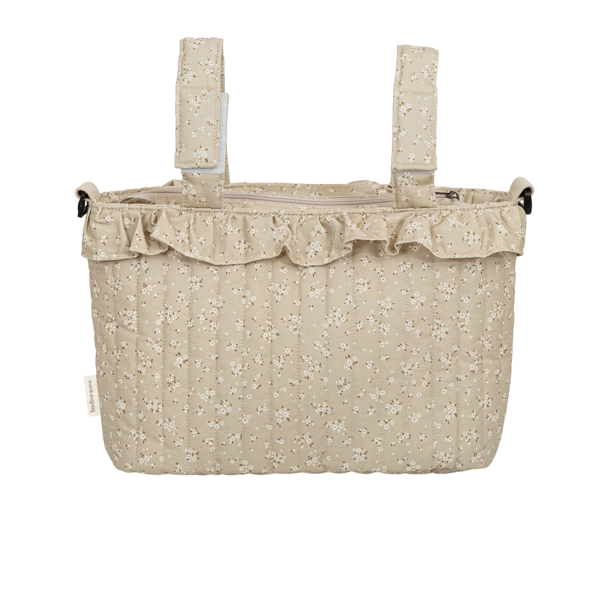 Bolsa bege com padrão floral e alças com velcro
