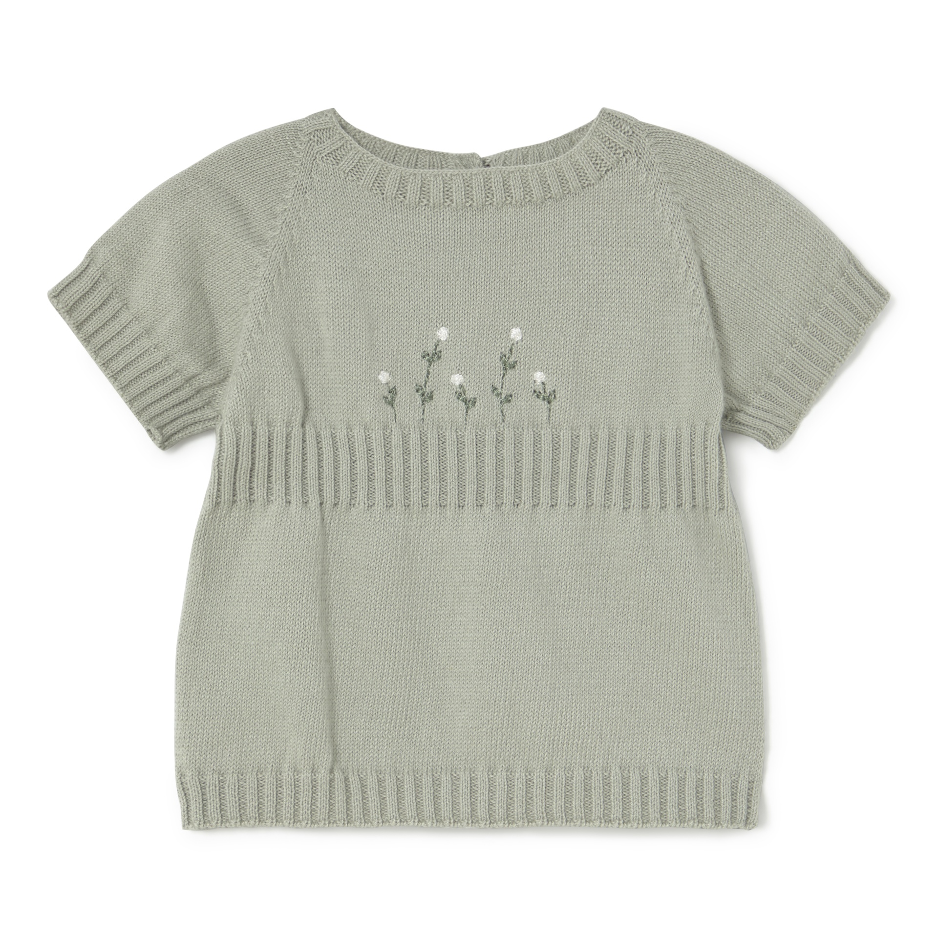 Camisola de malha cinza claro com bordado floral e mangas curtas