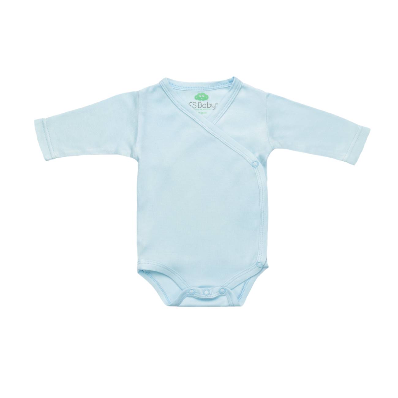 Body azul claro para bebé com manga comprida e fechos de pressão