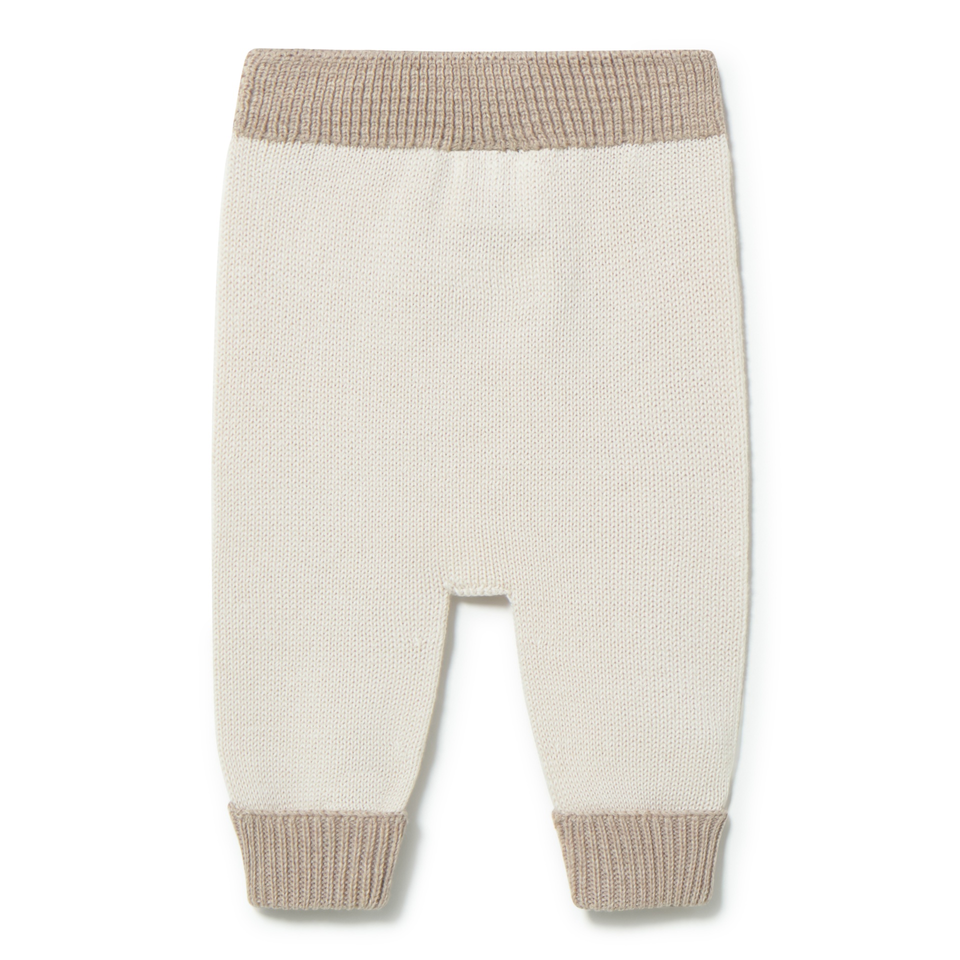Calças de bebé em malha bege clara com cós e punhos bege mais escuro