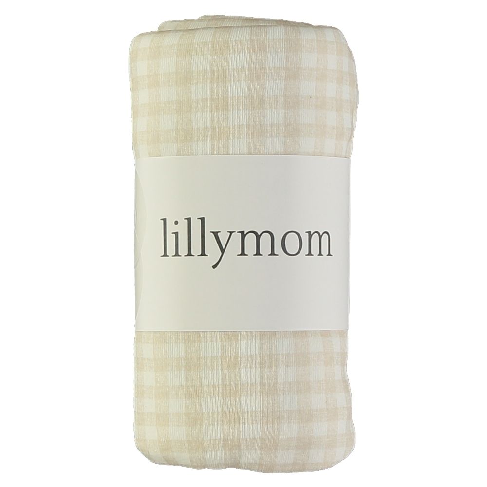 Manta ou pano de algodão bege e branco com padrão aos quadrados e etiqueta lillymom