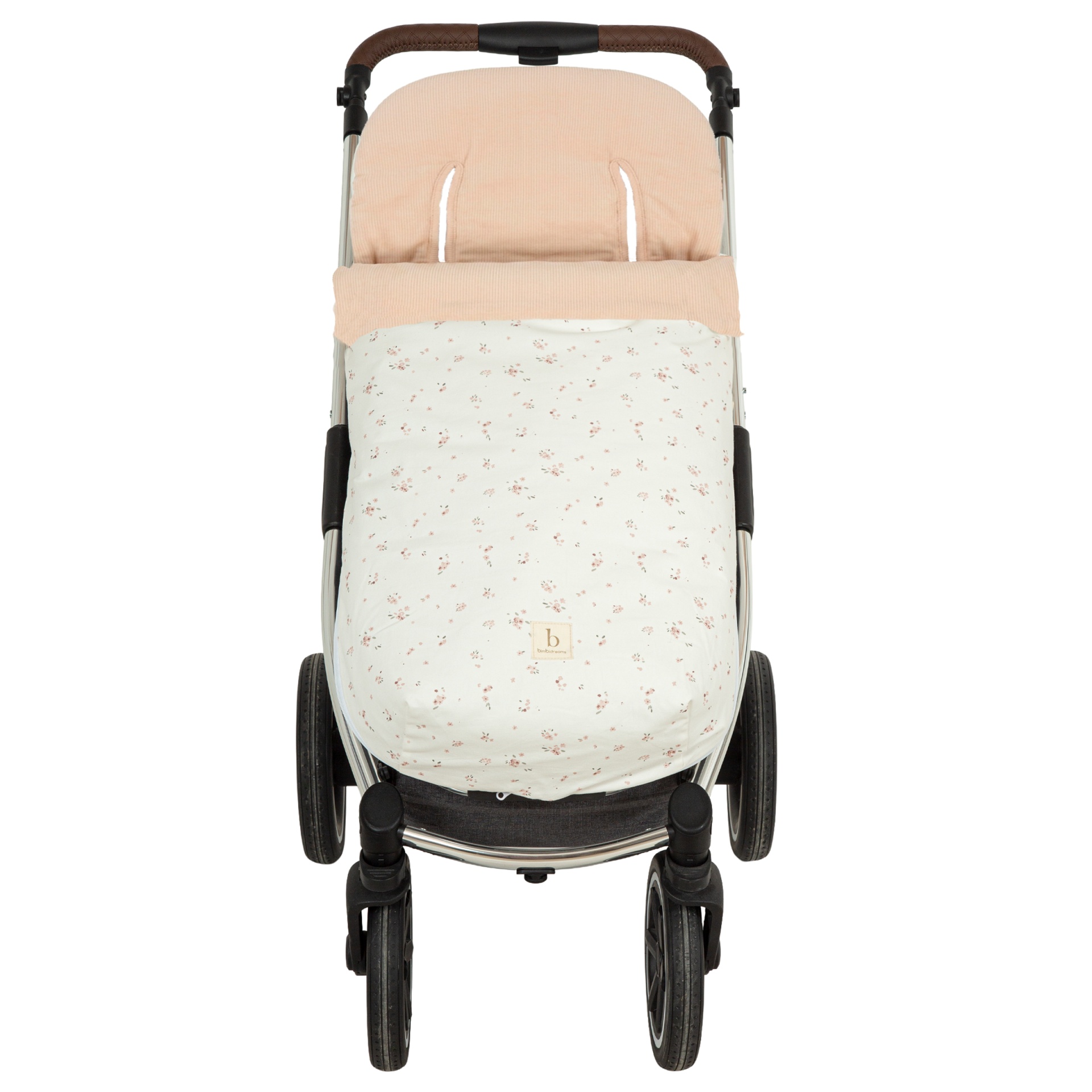Carrinho de bebé com capa floral e assento rosa