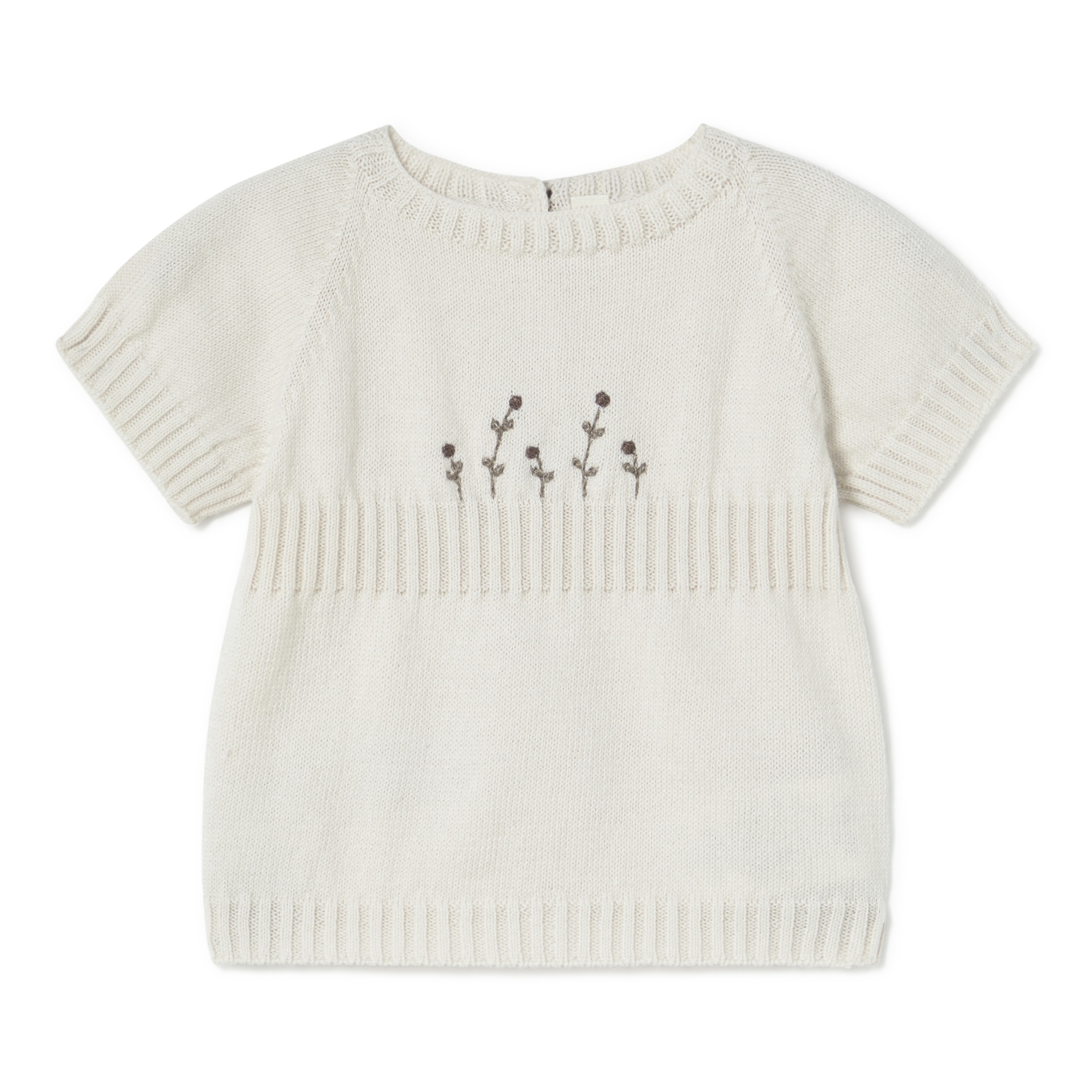 Camisola de malha branca com flores bordadas castanhas e mangas curtas