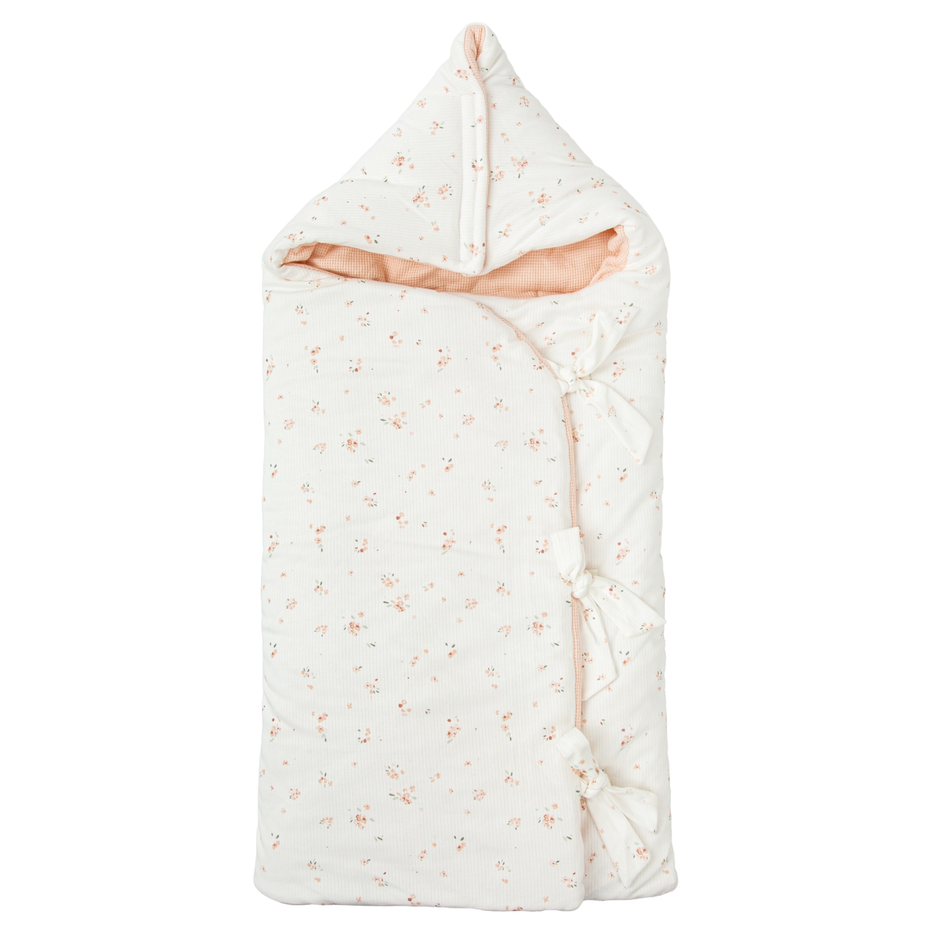 Saco de bebé branco com padrão floral rosa e laços laterais