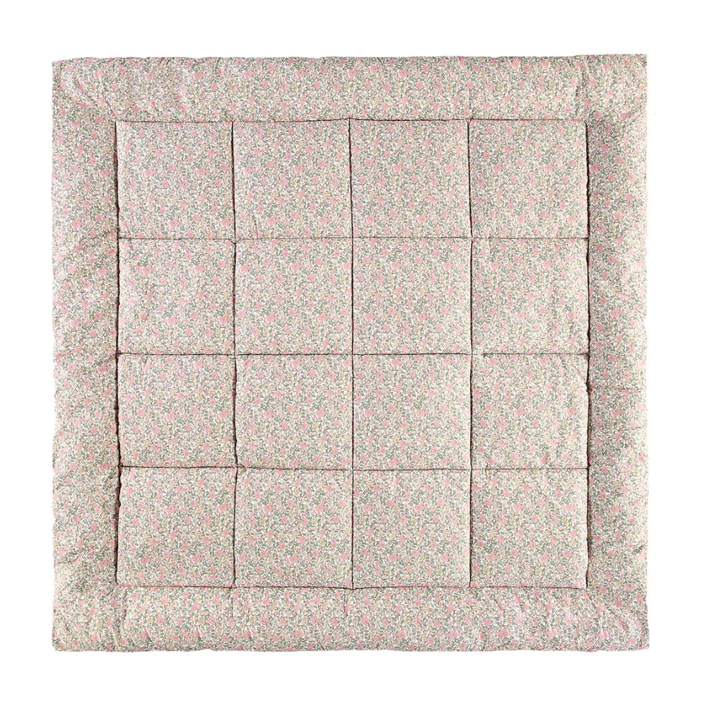 Colchão acolchoado floral rosa e verde com costura em quadrados