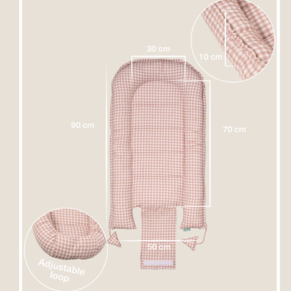 Almofada alongada xadrez rosa e branco com alça ajustável