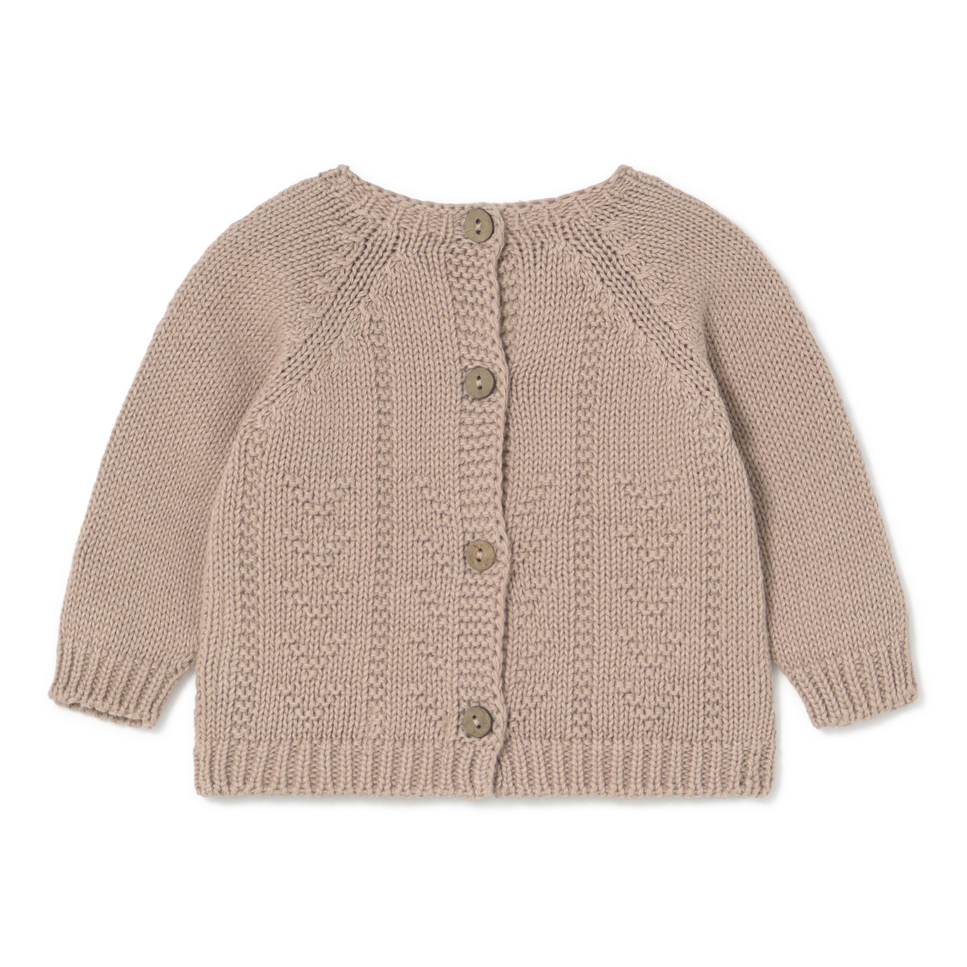 Casaco de malha bege com botões e padrão em losango