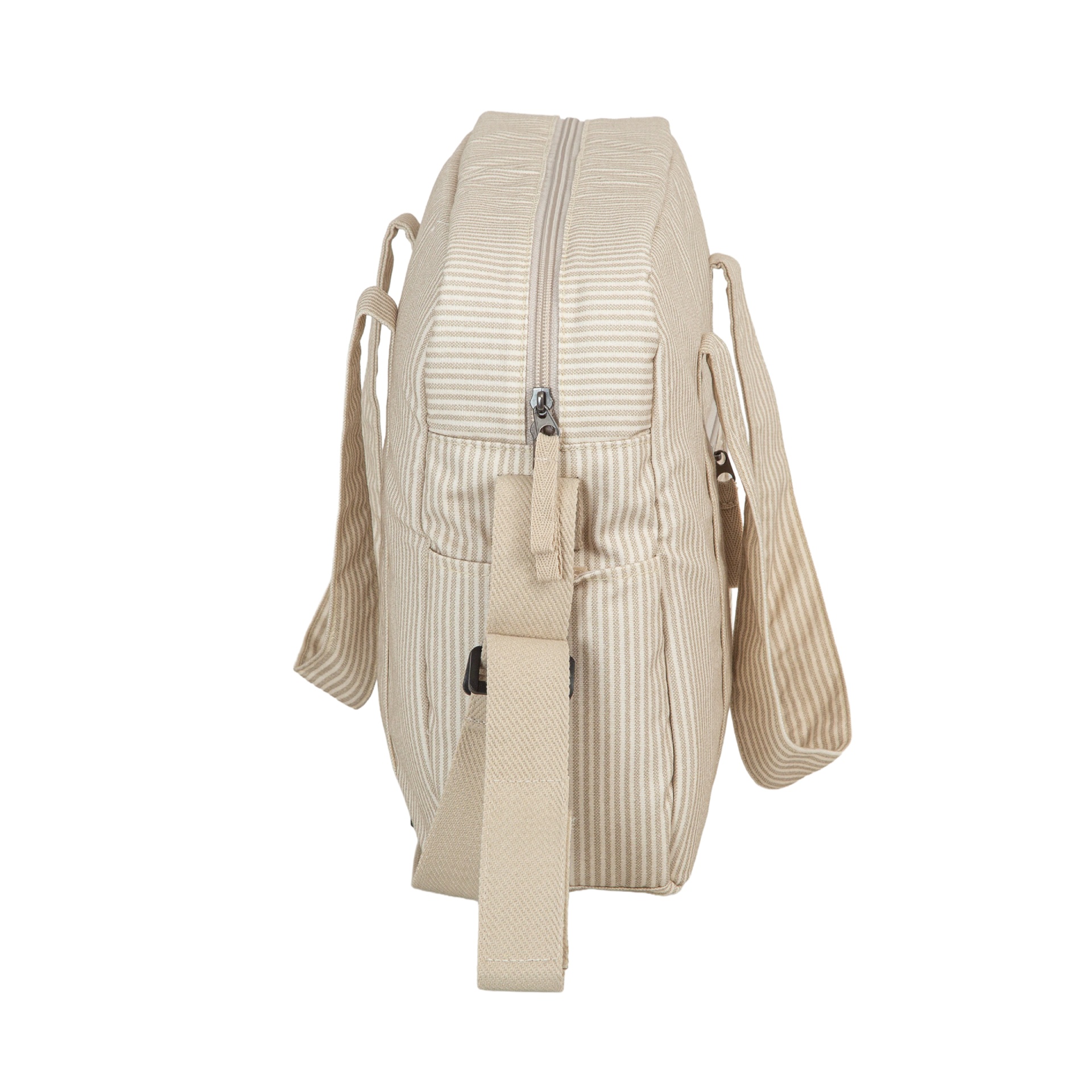Mochila bege com riscas finas brancas e fecho de correr metálico