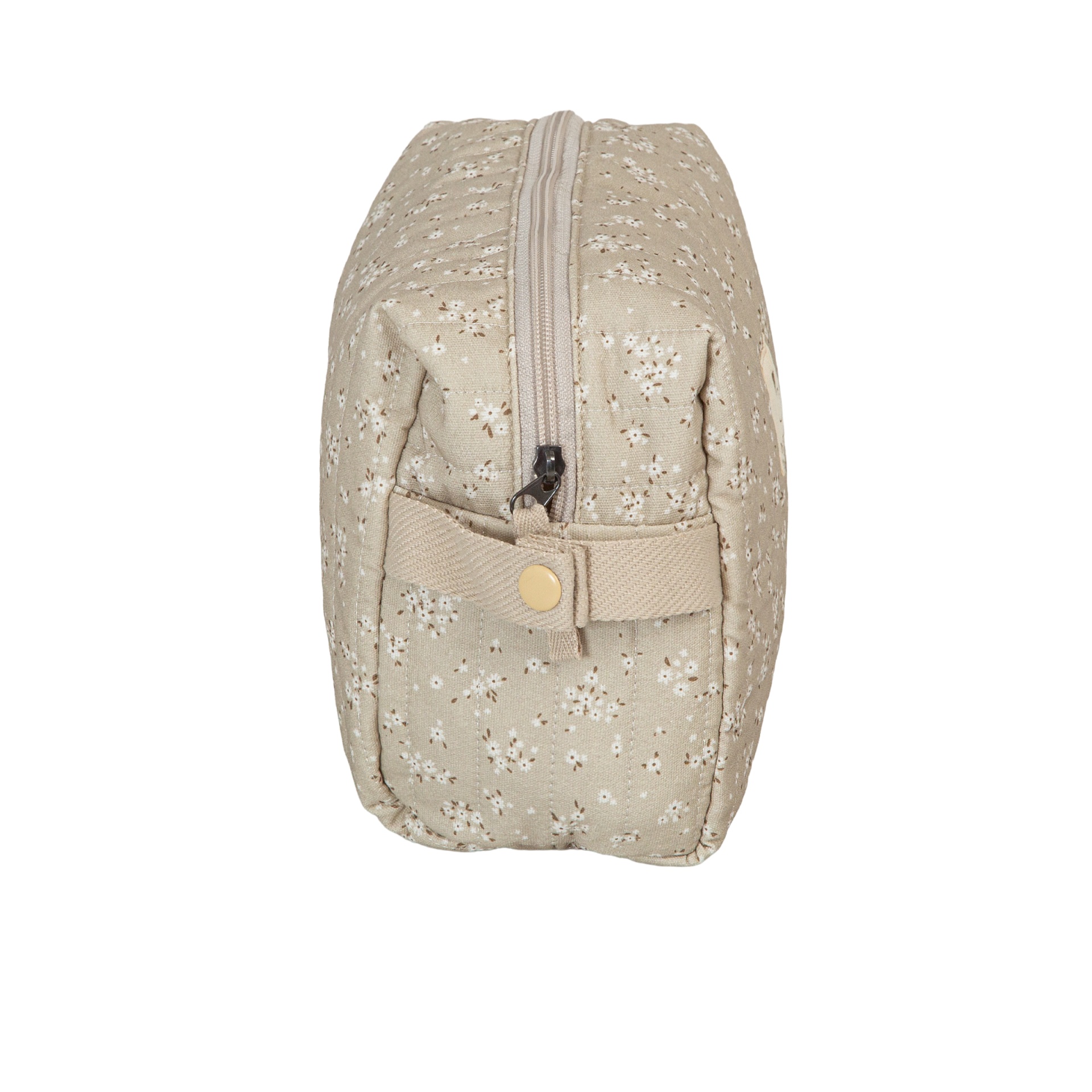 Necessaire bege com padrão floral e fecho de correr