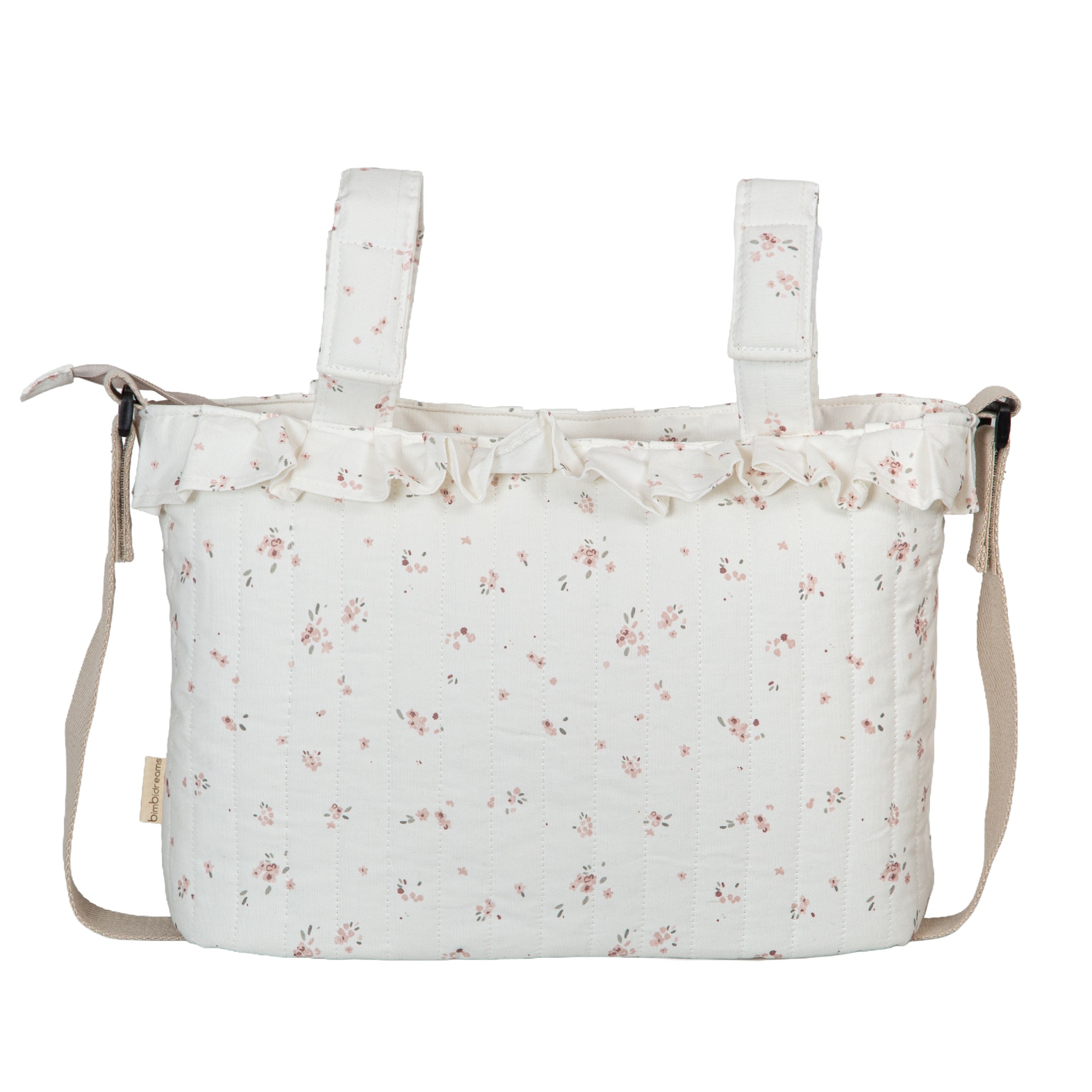 Mala branca de tecido com padrão floral e folho decorativo