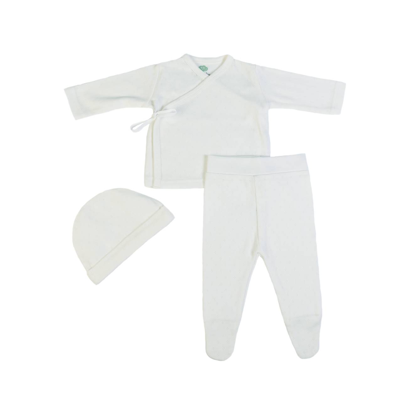Conjunto de roupa de bebé branco com body, calças e gorro.