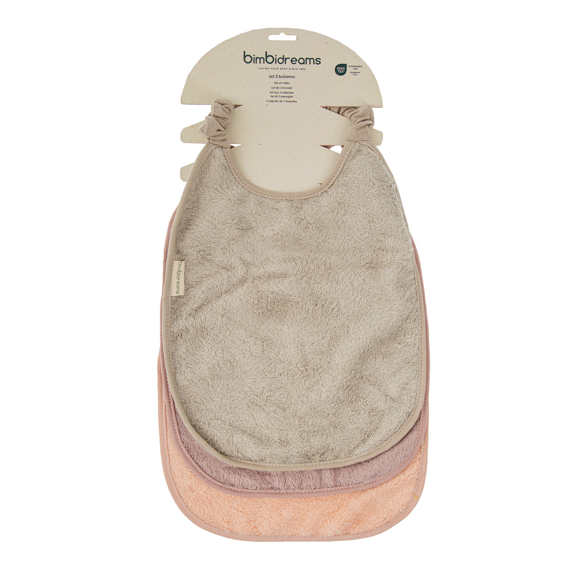 Conjunto de 3 babetes bimbidreams em tecido felpudo com embalagem de cartão reciclado