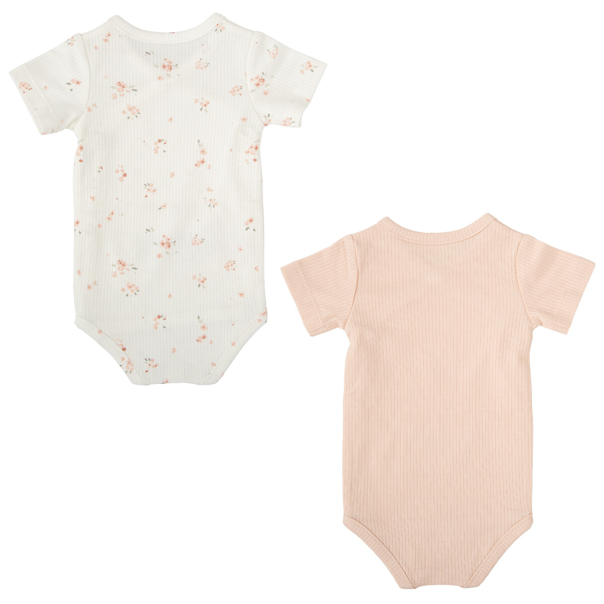 Dois bodies de bebé, um creme com flores cor-de-rosa e outro liso pêssego, ambos de manga curta e tecido canelado