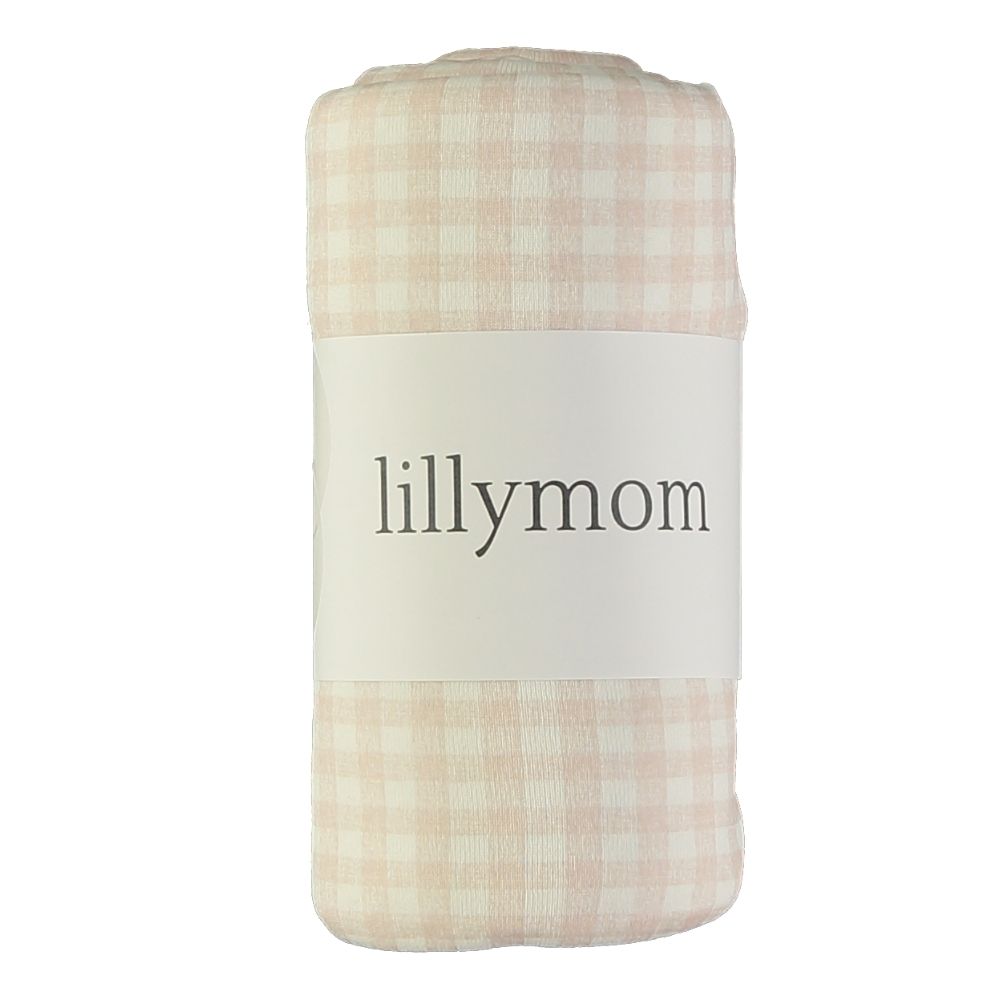 tecido dobrado xadrez rosa claro e branco com faixa branca e texto lillymom