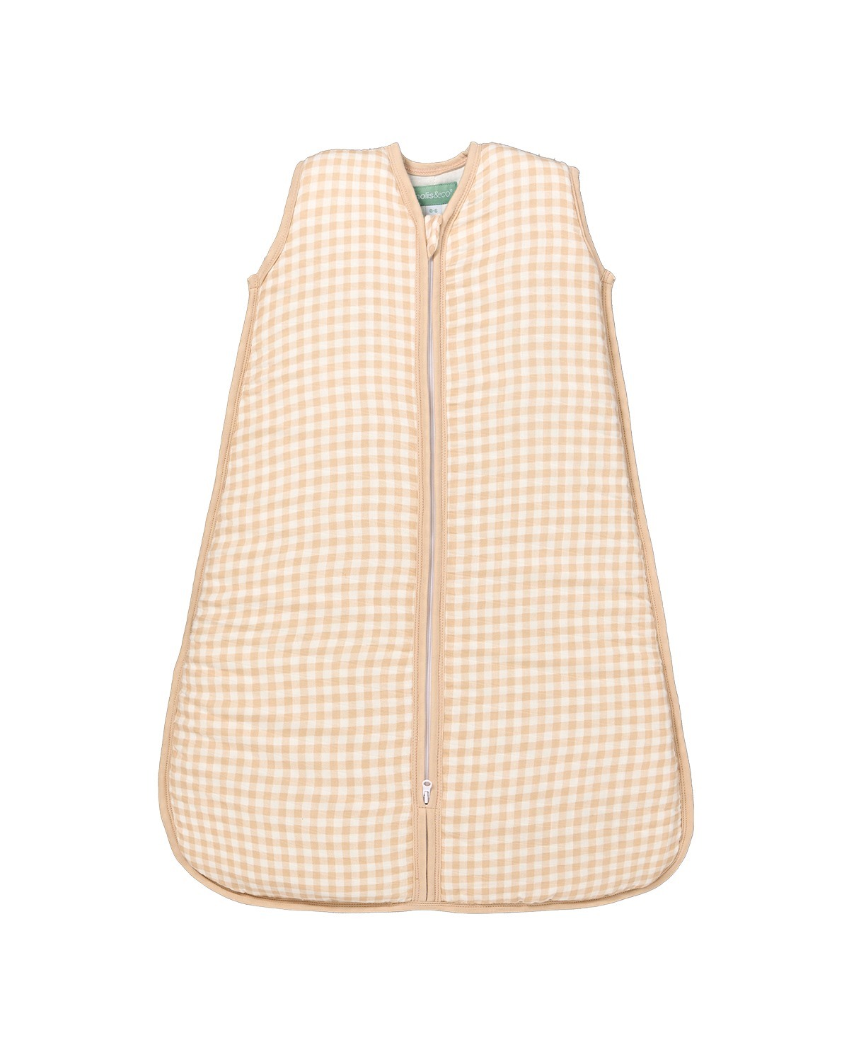 Saco de dormir bege e branco padrão vichy para bebé com fecho de correr