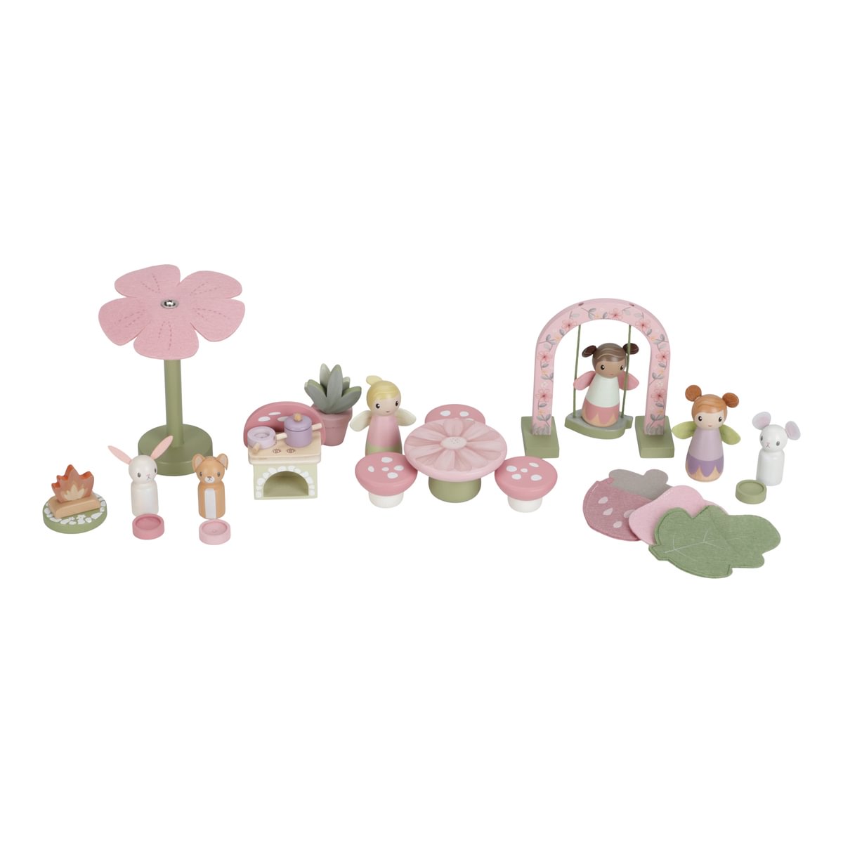 Brinquedos de madeira de fadas, animais e móveis de jardim coloridos