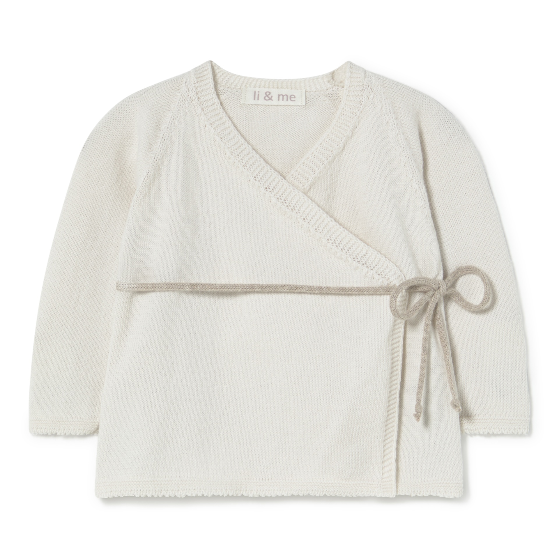 Casaco de bebé creme em malha com fecho cruzado e laço cinzento