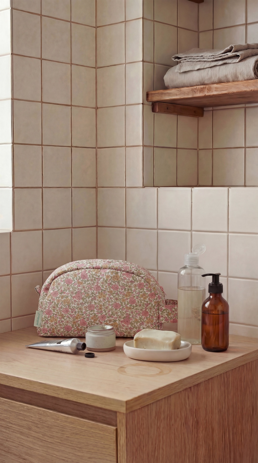 Necessaire floral e produtos de higiene pessoal sobre balcão de madeira clara