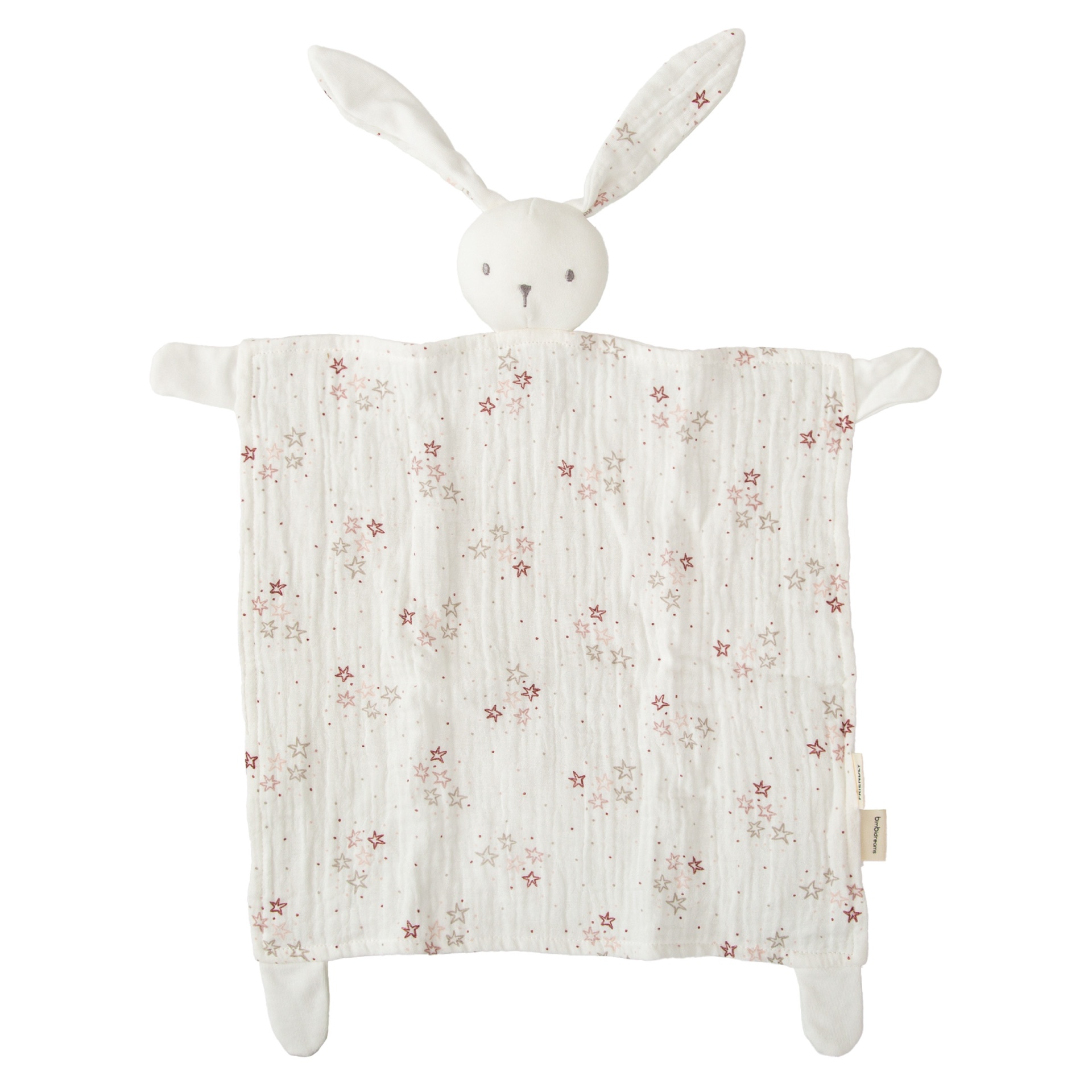 Doudou branca com cabeça de coelho e estrelas coloridas