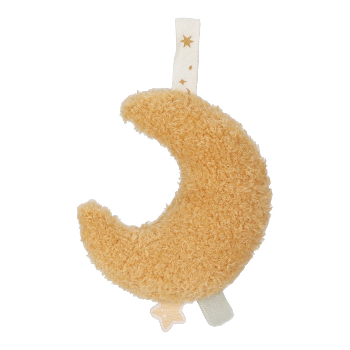 Peluche em forma de lua bege com textura felpuda e fita branca com estrelas douradas