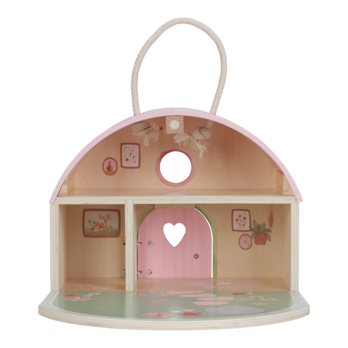 Casa de bonecas em madeira pintada com porta rosa e telhado rosado