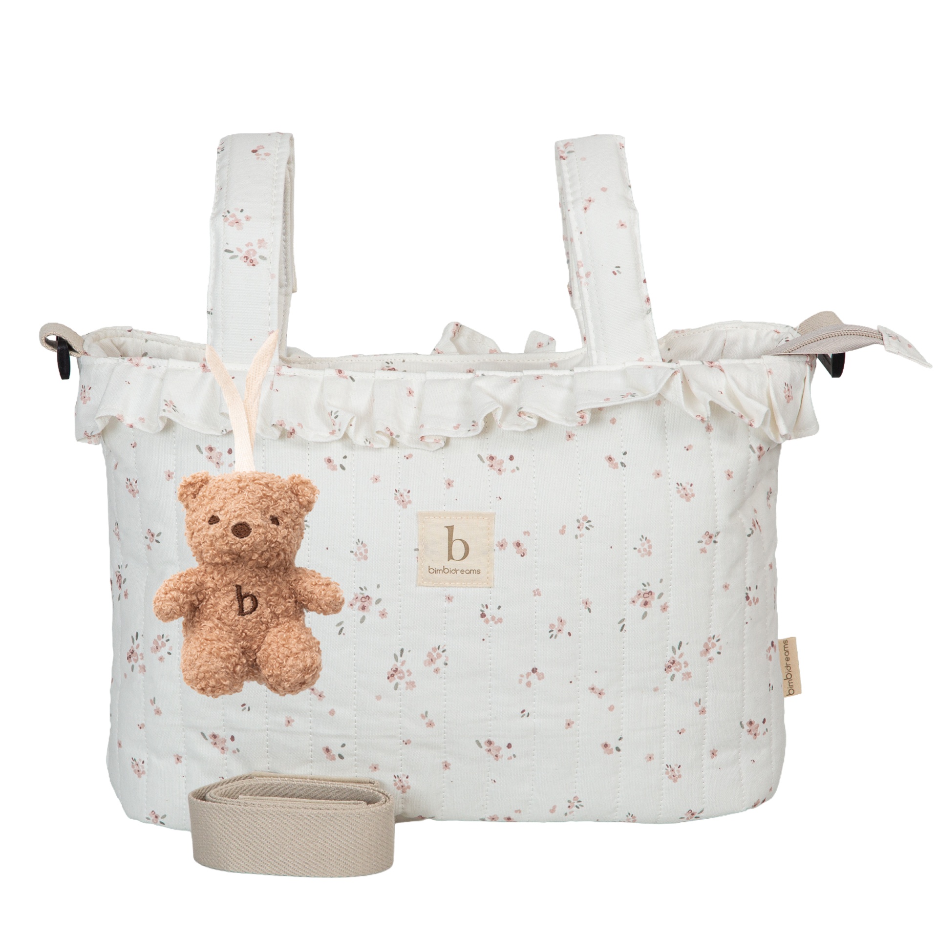 Bolsa branca floral com ursinho de peluche e etiqueta bimbidreams