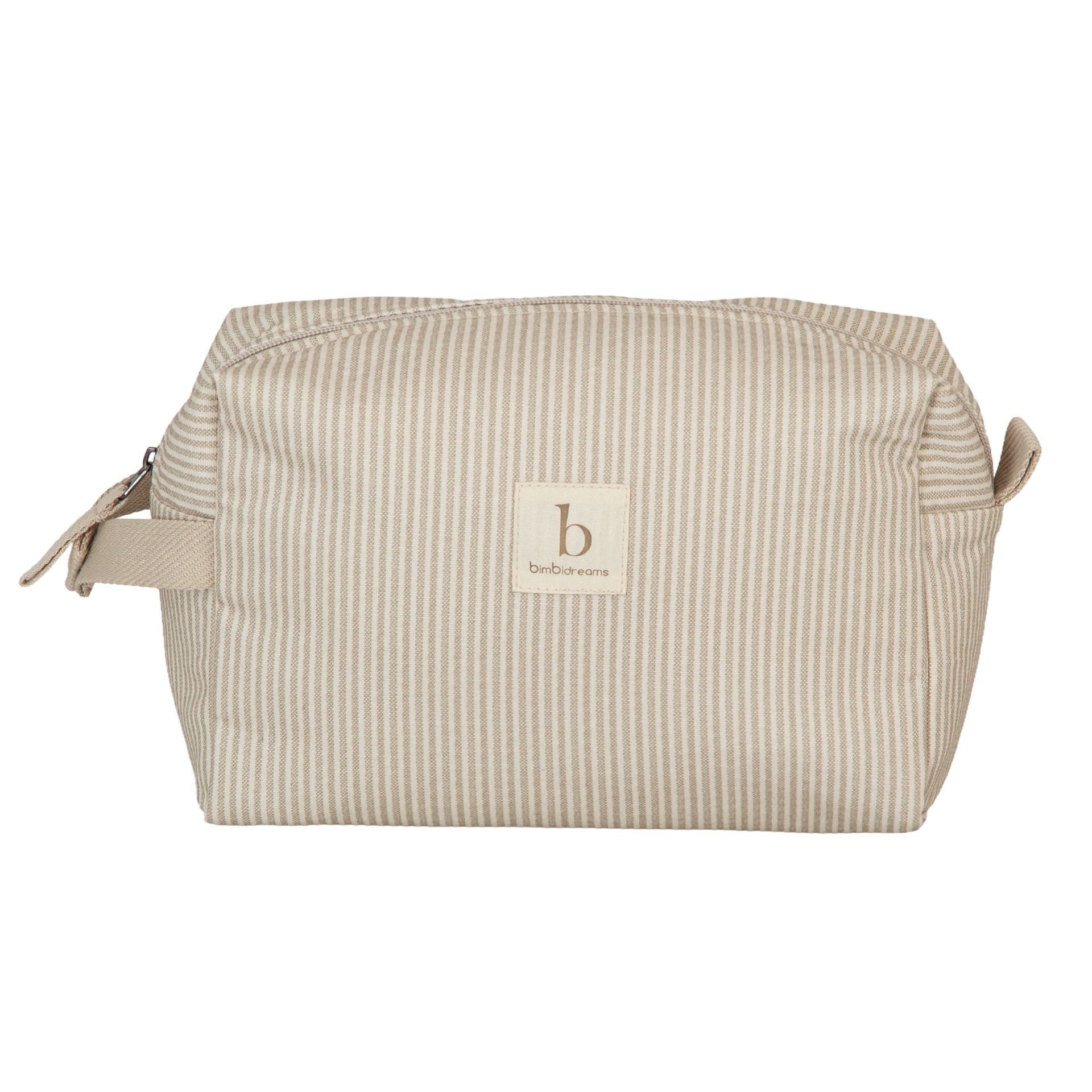 Necessaire retangular bege com riscas e etiqueta bimbidreams