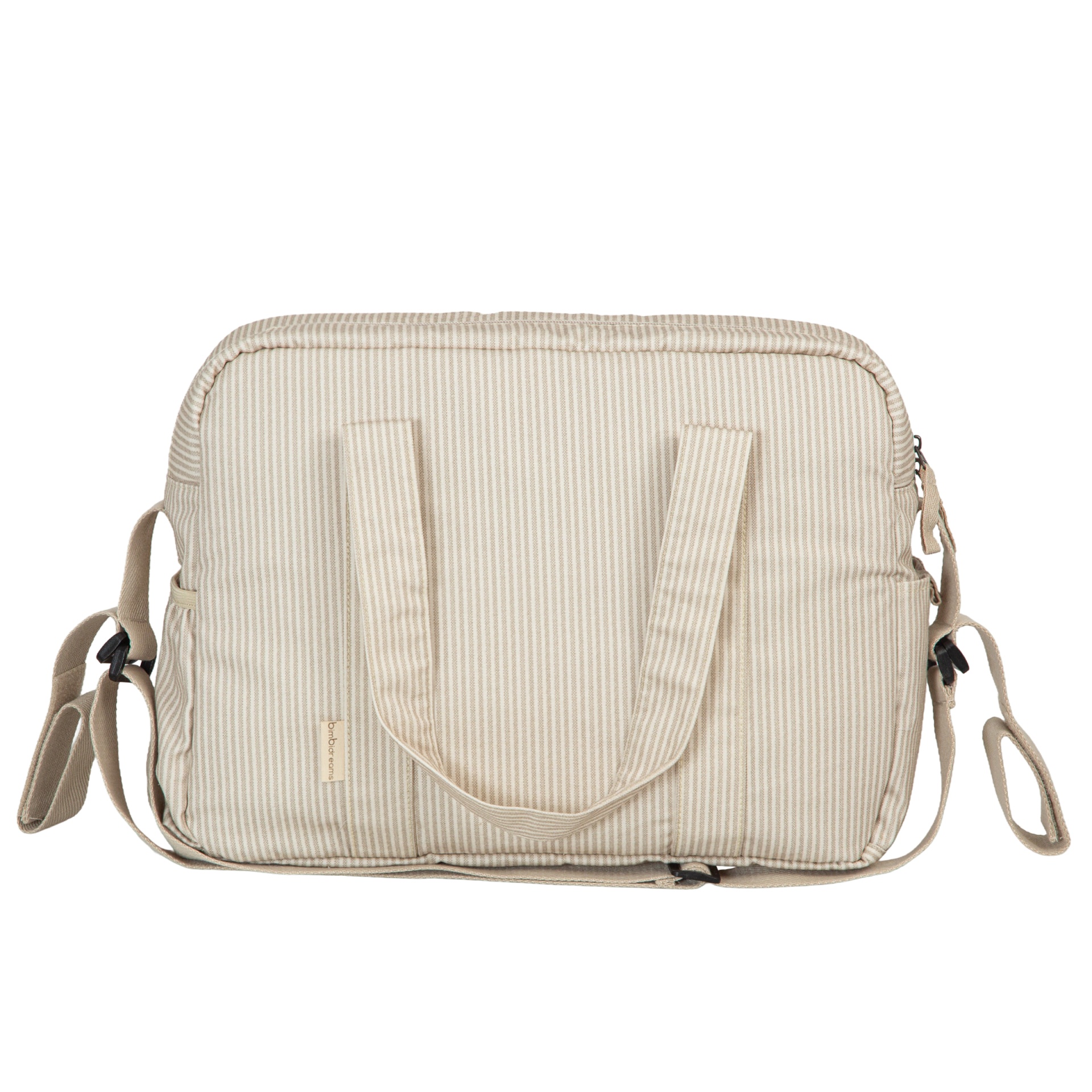 Mala ou mochila bege com riscas finas e etiqueta bombabreams