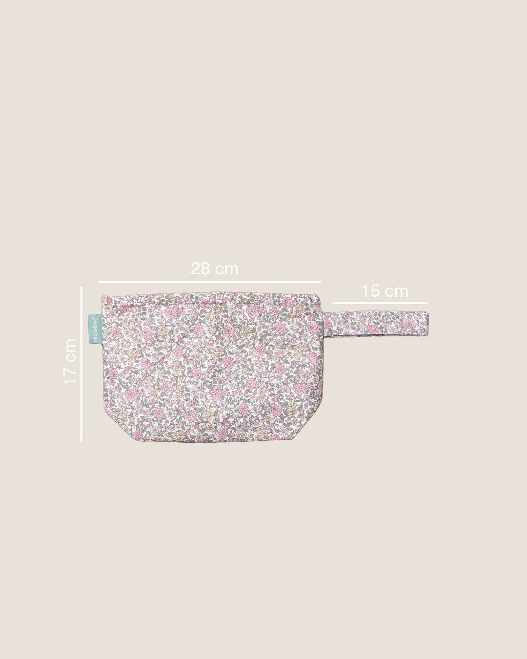 Estojo com estampa floral rosa e bege com alça lateral e medidas indicadas
