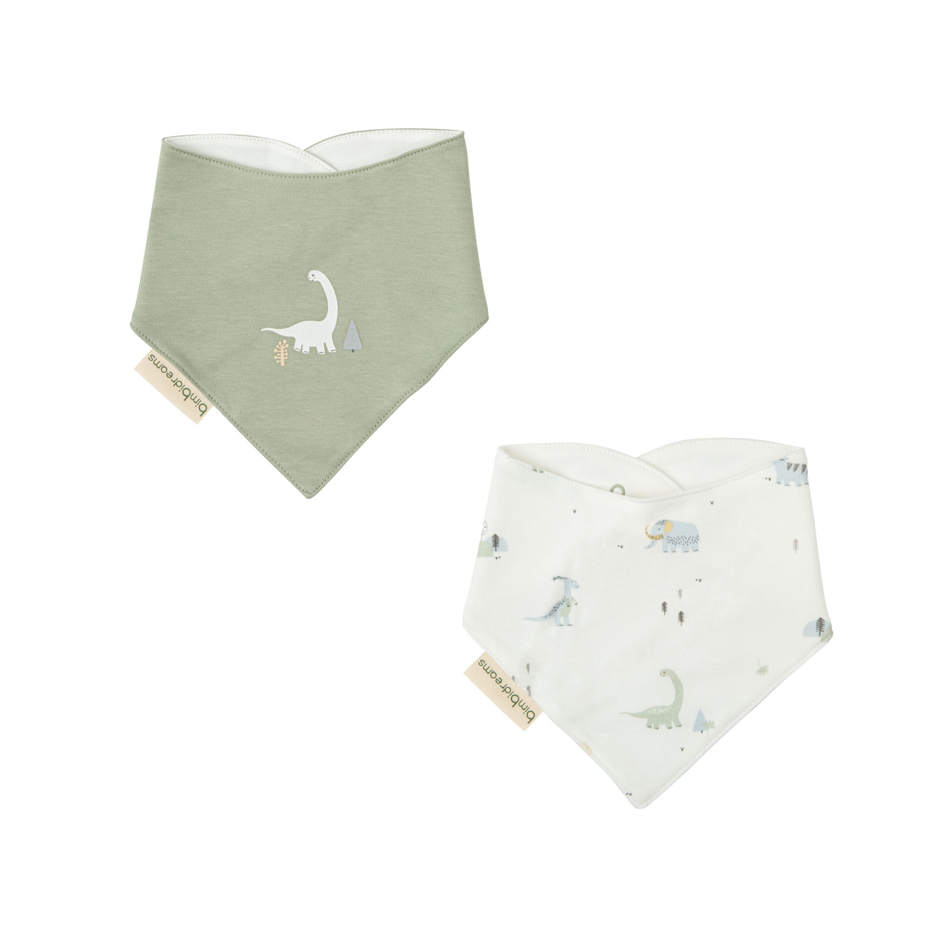 Dois babetes triangulares para bebés com motivos de dinossauros e etiquetas bimbidreams
