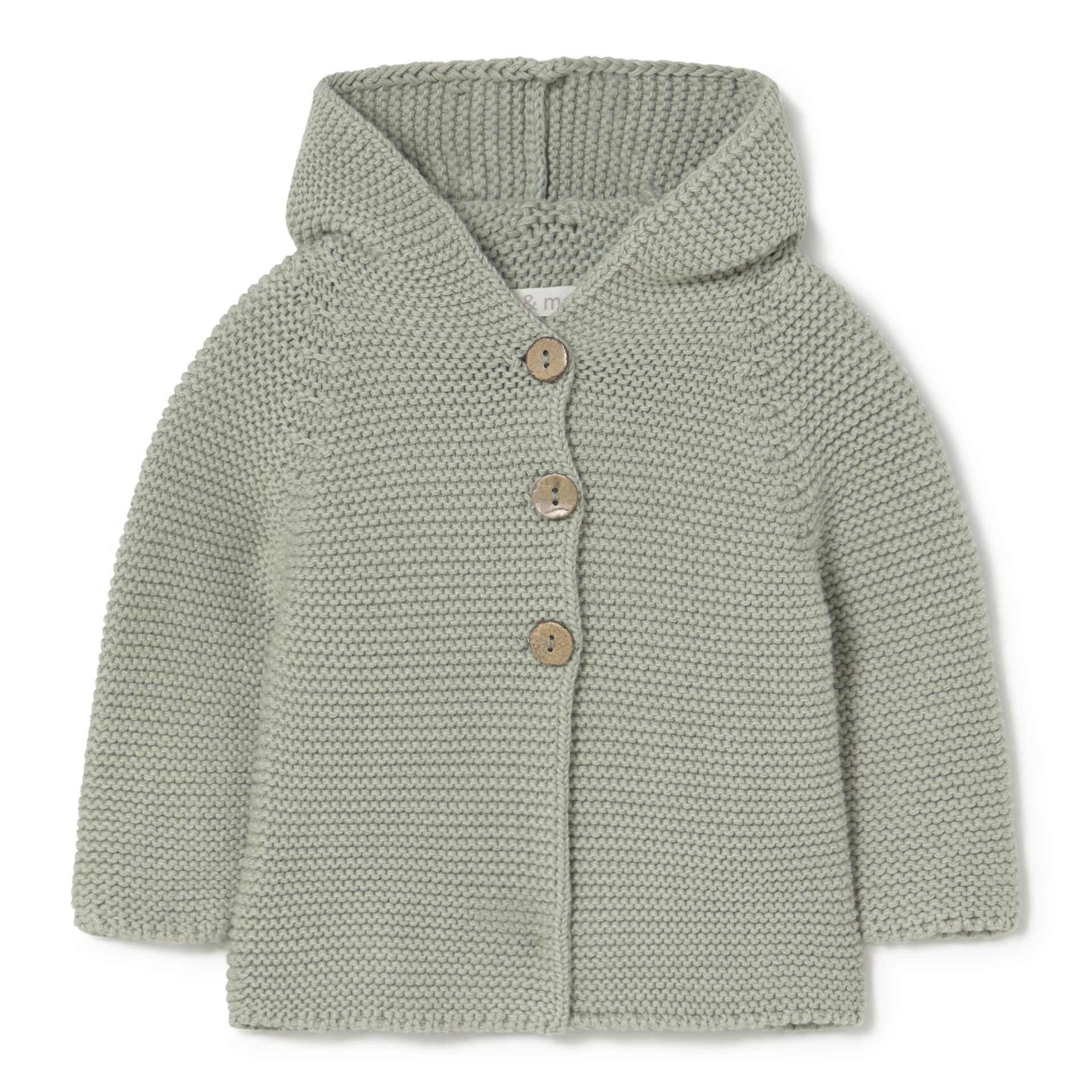 Casaco de malha cinza claro para bebé com capuz e botões de madeira