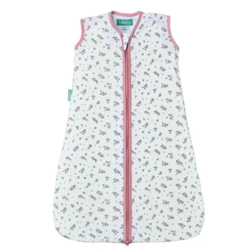 Saco de dormir para bebé branco com flores cinza e rosa e fecho rosa