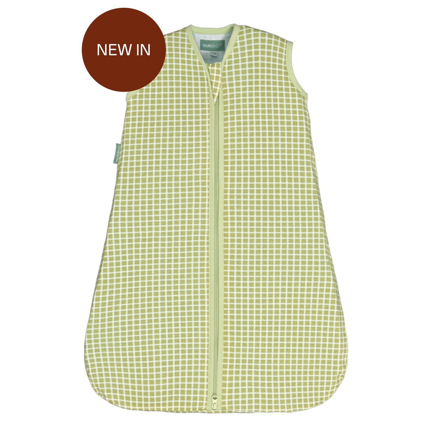 Saco de dormir para bebé verde e branco com padrão de quadrícula e fecho de correr