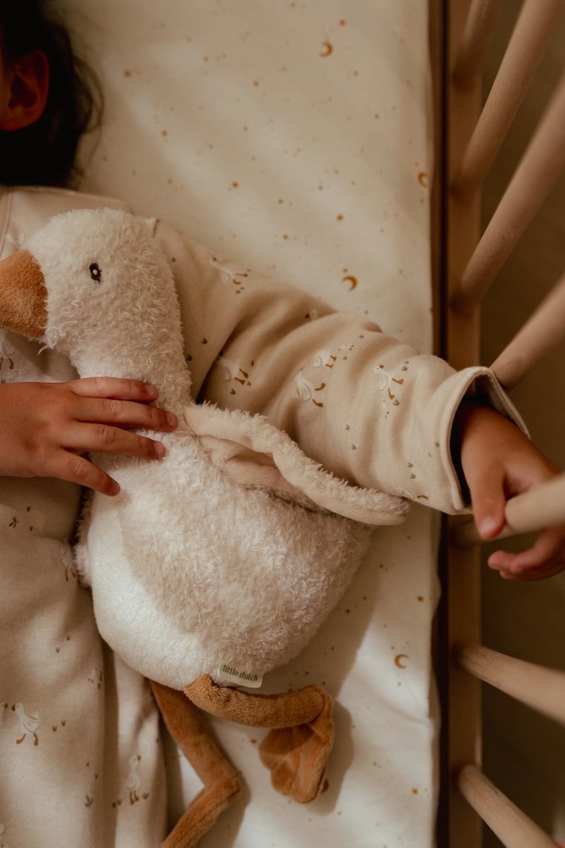 Pelúcia de pato branca e bege numa cama com lençol creme com padrão de patos e luas, criança com pijama creme a segurar grade de madeira.